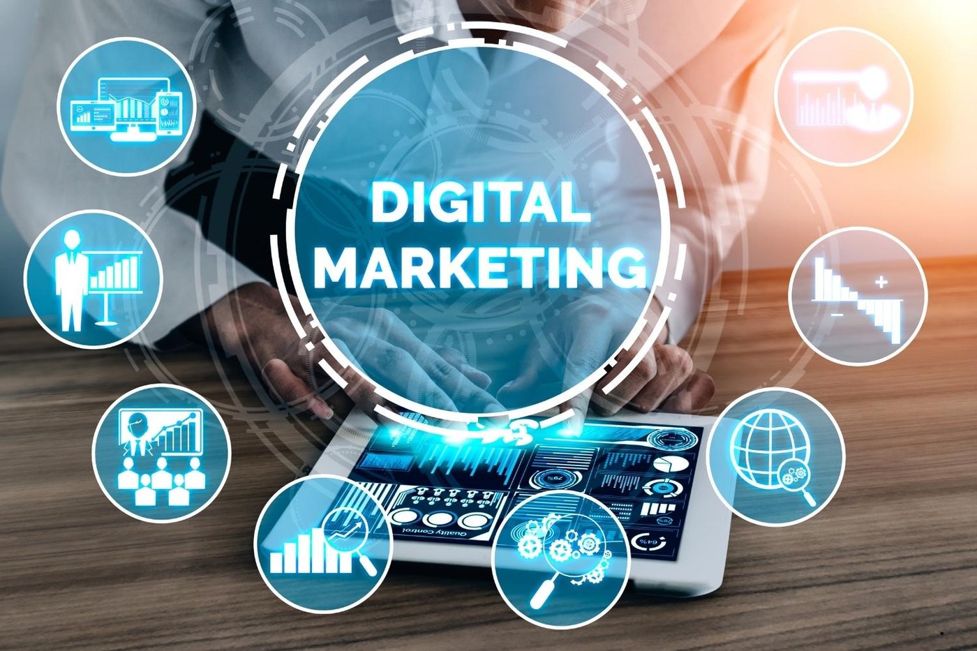 Hands using a tablet with a glowing digital marketing hub and local business icons, representing Google Business Profile optimization.