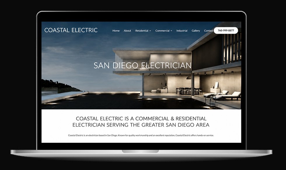 Laptop showing a website design example for a San Diego electrician — the Coastal Electric residential and commercial services site.
