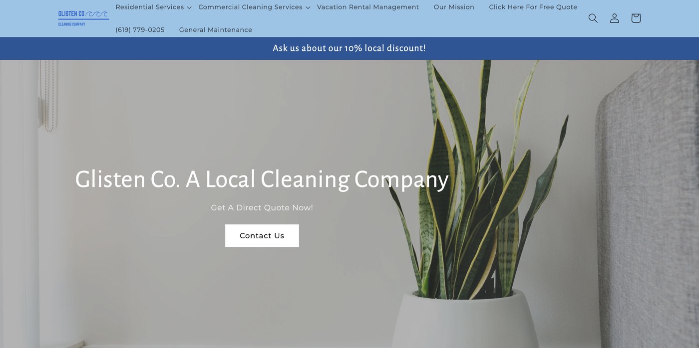 Glisten Co. cleaning company website homepage with a soft blue color palette and clean product photography.