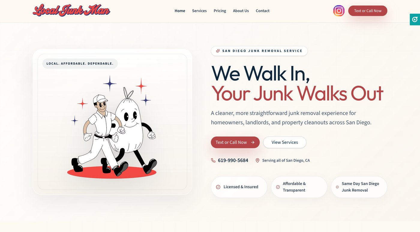 Local Junk Man homepage featuring a retro-inspired logo and friendly mascot illustration in a cream and red palette.