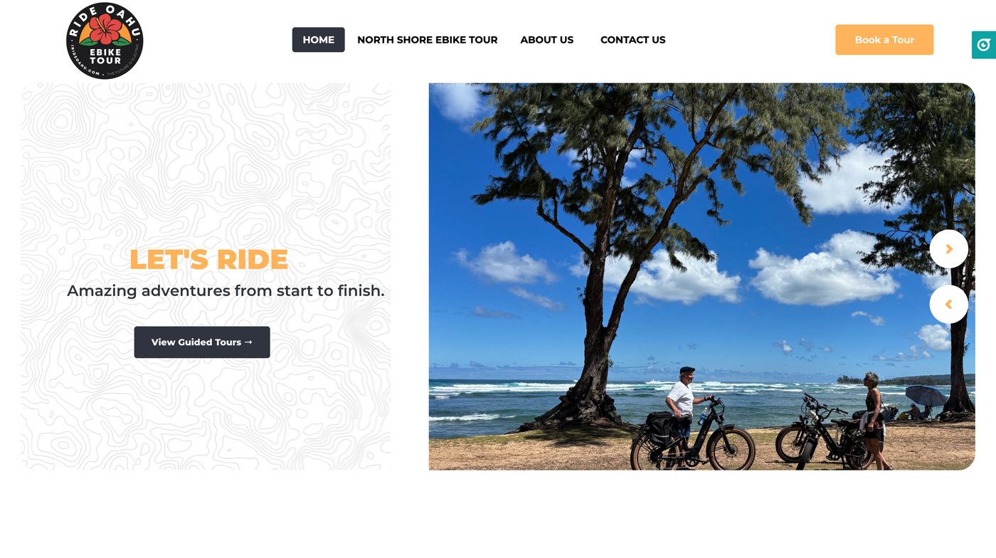 Ride Oahu eBike Tour homepage with a hibiscus logo and lifestyle photography of riders on the North Shore of Oahu.